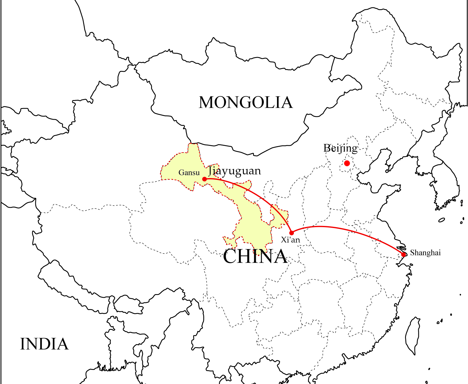 Carte du vol vers Jiayuguan